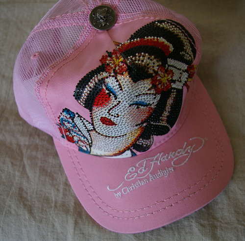 Ed Hardy Rhinestone Platinum Geisha Embroidered Mesh Cap-Pink